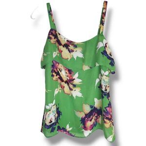 CABI Womens Top Sz XS Green Floral Chiffon Strappy Top Ruffle Summer Beachy Y2K